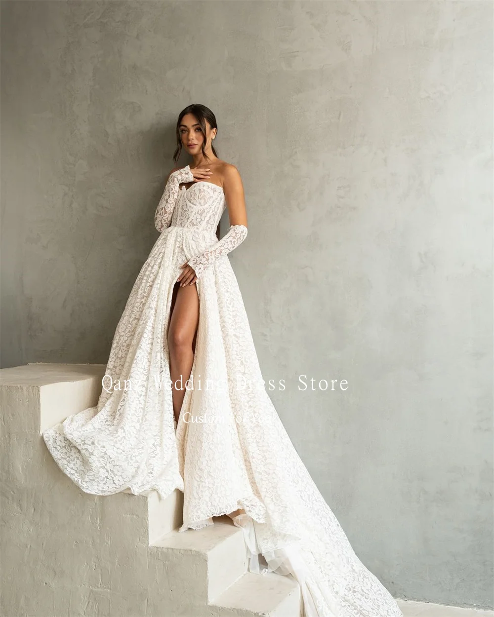 Qanz Elegant Wedding Dress Detachable Sleeves Full Lcae High Slit Court Train Vestidos Novias Boda Long Customized Bridal Gowns