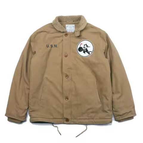 N1 USN Thick Winter Mens Sherpa Fleece Deck Jacket with VF-3 Felix Embroidered Patch Parka Coat