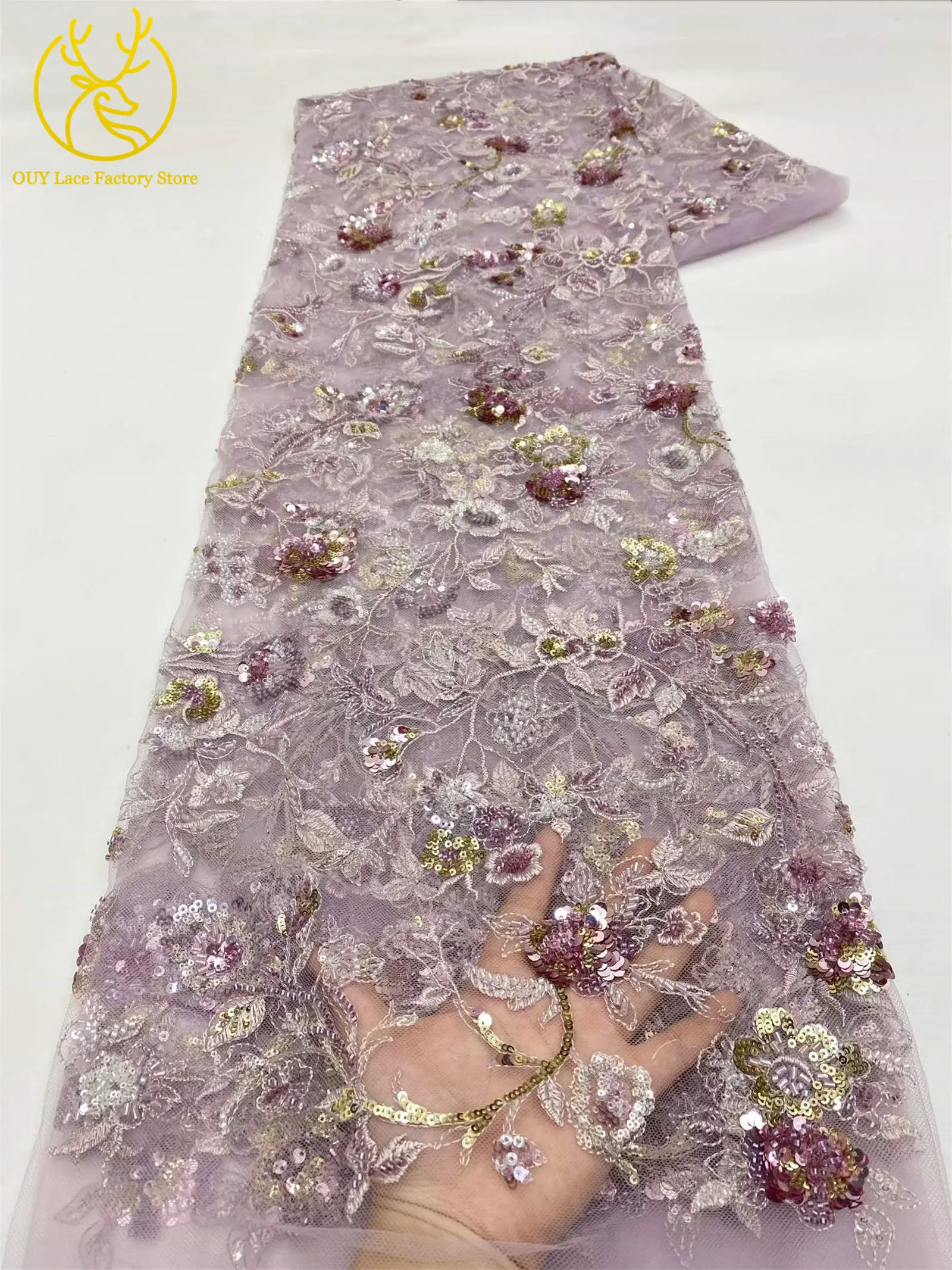 Eleganter afrikanischer Spitzenstoff mit Pailletten und Stickerei, lila, nigerianischer französischer Tüll-Spitzenstoff mit Perlen für Brautkleider und Partykleider zum Nähen – Detail 16