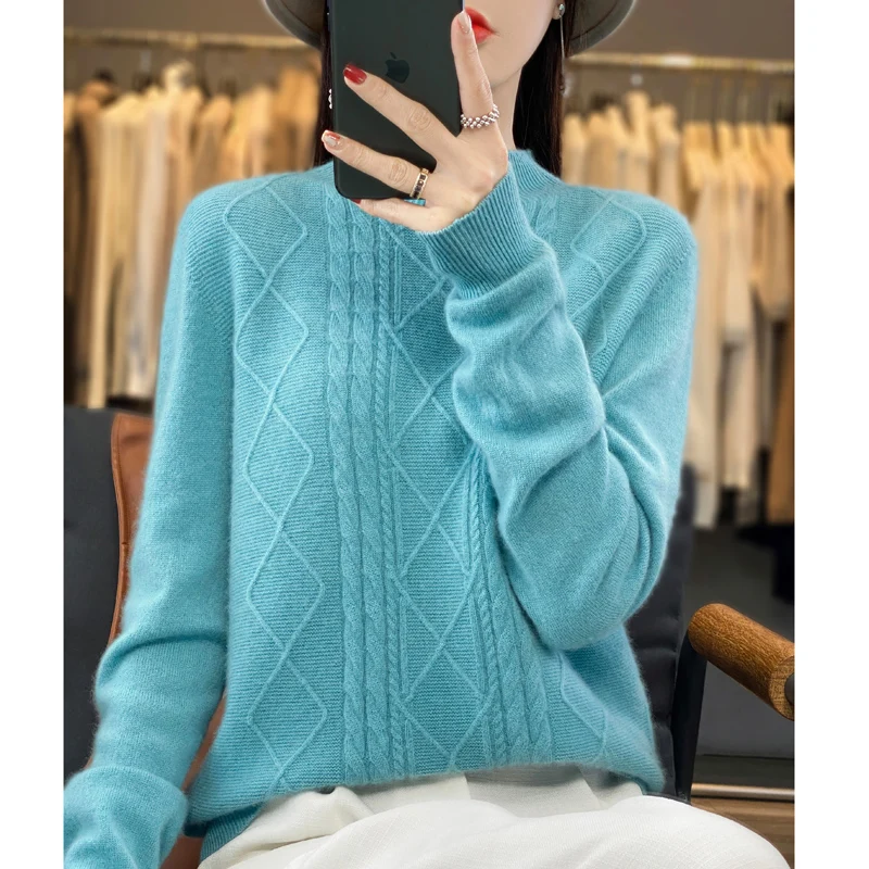 

New Cashmere sweater Women's sweater for Autumn/Winter 2024 100% Merino Wool fashion semi-turtleneck warm soft knit base pullove