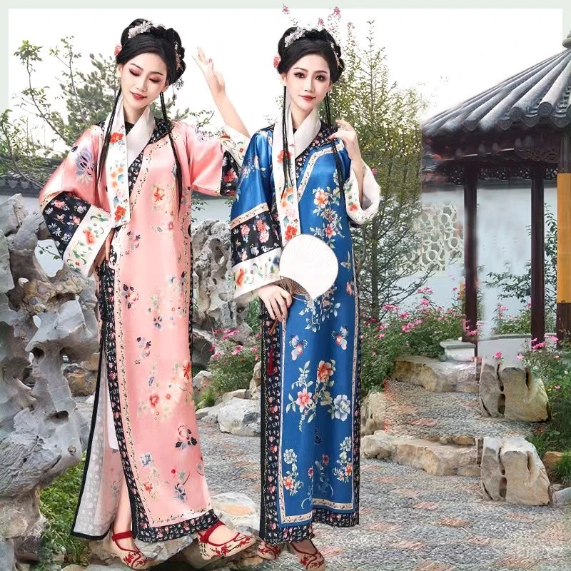 Qing Dynasty Hanfu Woman Robe Vintage Flower Pattern Printing Chinese Style Cheongsam Palace Gown Qipao Dress Stage Performance