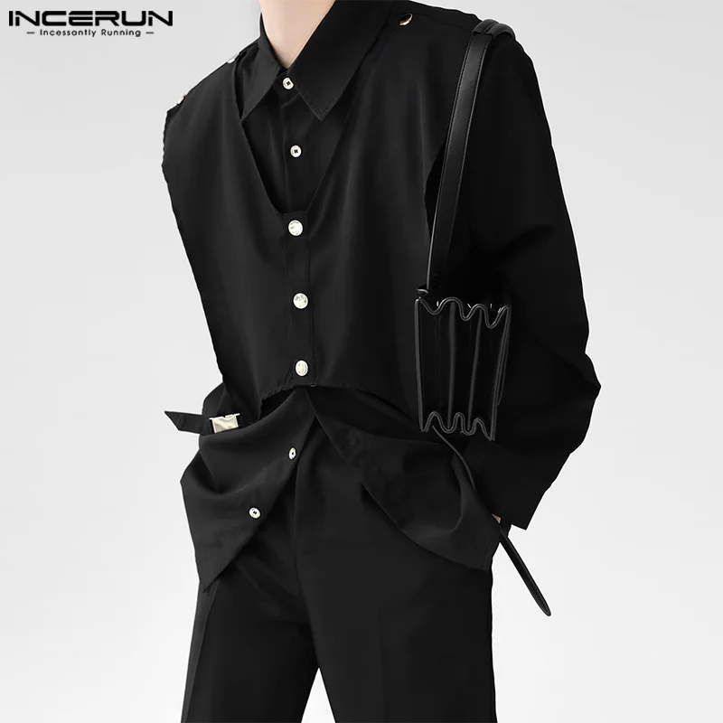 Men's Irregular Shirt Solid Lapel Long Sleeve Button Casual Men Clothing Streetwear Korean Loose Fashion Shirts INCERUN S-5XL