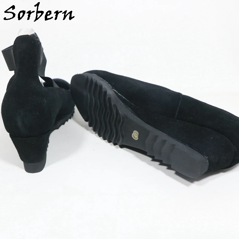 Sorbern Unique Plus Size Eu47 Women Shoes Low Wedge Heels Elastic Cross Strap Round Toe Thick Rubber Soles Unisex Style Pump