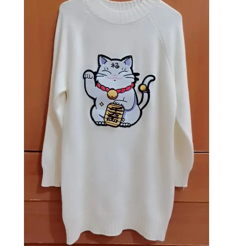 Glück Katze Pullover koreanische Version mittellang warm halten Herbst Winter Frauen Strickwaren Cartoon Stickerei Harajuku weiblichen Pullover