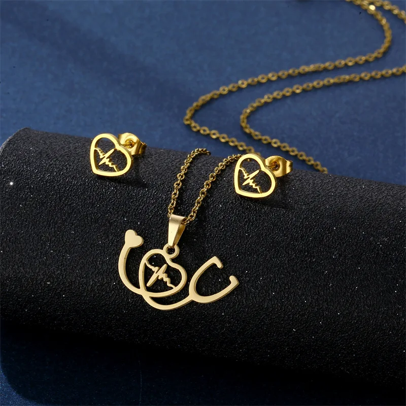 Stethoscope Heartbeat Gold Charm Earrings Necklace Women Love Heart Necklaces & Pendants Set Medical Nurse Doctor Lover Gifts