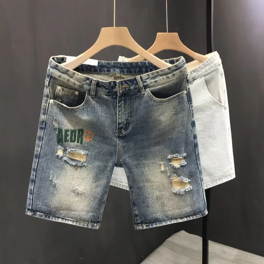 

Летние прямые рваные шорты, модные тонкие молодежные повседневные бриджи, мужские модные красивые джинсовые брюки, одежда, мужские короткие джинсы