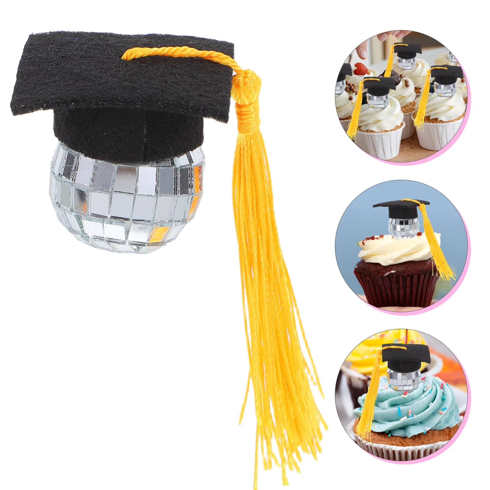 

10Pcs Graduation Disco Ball Tassel Cap Cupcake Toppers DIY Grad Party Table Decorations Kindergarten High School College Masters