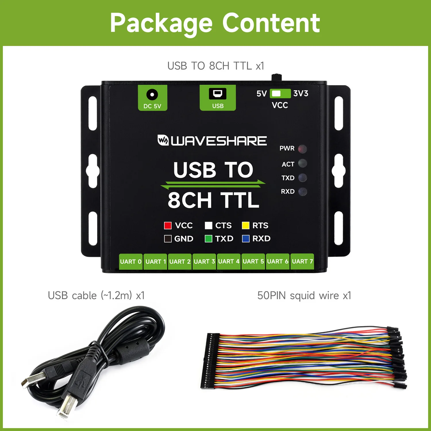Picture 4: Waveshare Industrial USB TO 8CH TTL Converter, Support Mac, Linux, Android, Windows 11/10, USB to UART, Multi Devices