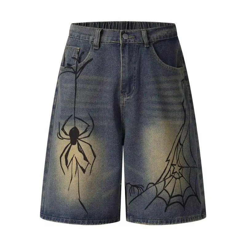 American Style Spider Print Denim Summer Wide Leg Pants Women's Blue Distressed High Waist Versatile Casual Straight Five-Qua...