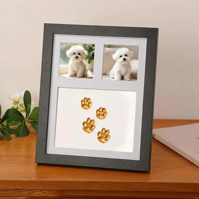 Pet Remembrances Display Frame Set with Paws Print Clay Area and Two Photo Openings for Dog and Cats Owners Home J0MC