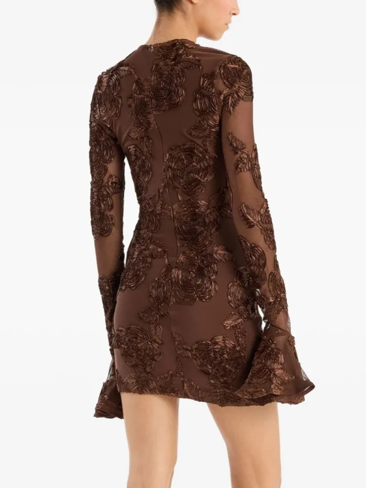 Sexy O Neck Mesh Patchwork Flare Long Sleeve Floral Mini Dress Women Elegant Brown Bodycon Celebrity Evening Club Party Dresses