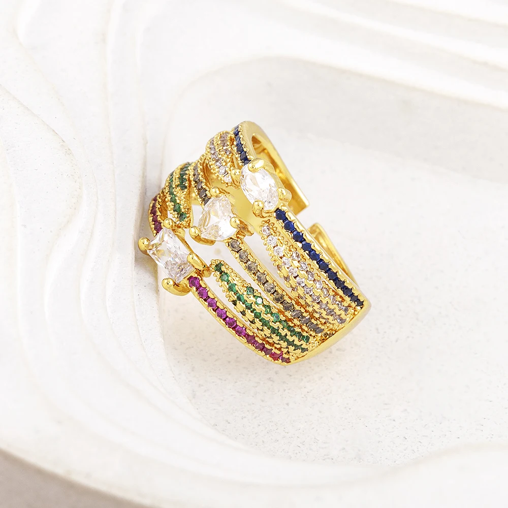 Nidin Multilayer Rainbow Color Cubic Zirconia Open Ring For Women Light Luxury Wide Band Adjustable Finger Jewelry Wedding Gift