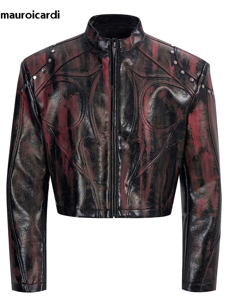 Mauroicardi Spring Autumn Short Pu Leather Motorcycle Jacket Men Rivet Zipper Shoulder Pads Luxury Designer Streetwear Clothing view 6