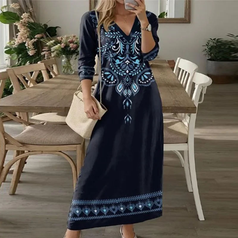 Vestido largo de manga larga con estampado de patrón Vintage para mujer, vestido holgado con cuello en V, estilo bohemio, para vacaciones y playa, otoño