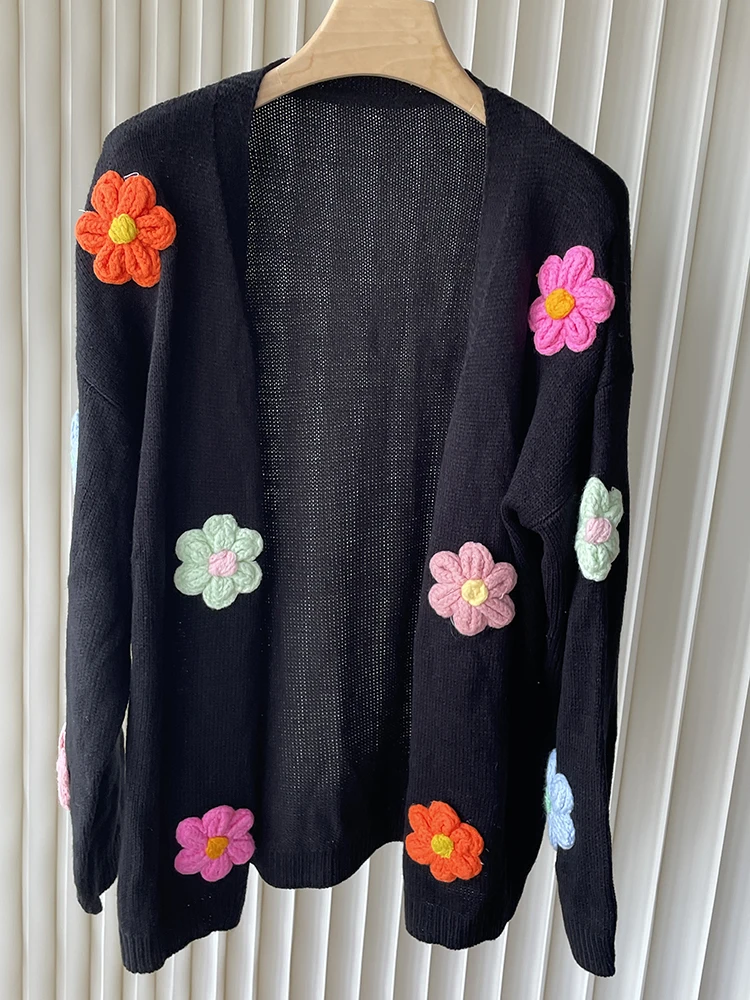 

Women Loose Fit Thin Black 3D Flower Cardigan Sweater 2025 Fall/Winter New In Long Sleeve Jumper