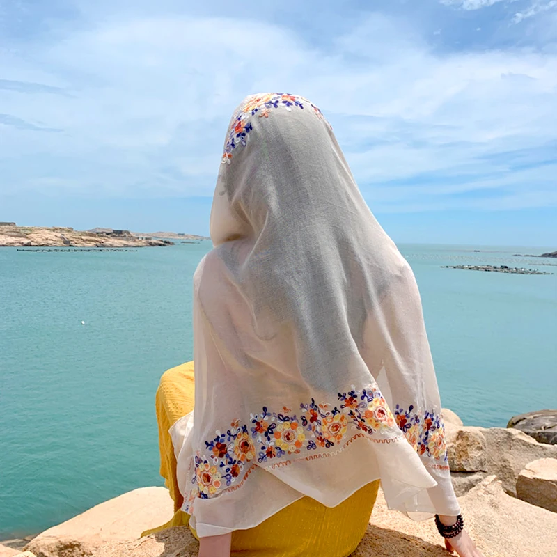 Lenço protetor solar estilo étnico para mulheres, xale de verão, protetor solar, lenço de seda de praia, moda