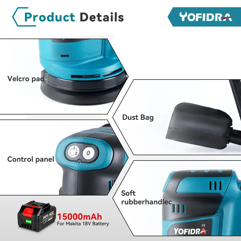 Yofidra 5 Inch 3 Speed Electric Sander Cordless Wood Grinder Polishing Grinding Sanding Machine Power Tool For Makita 18VBattery