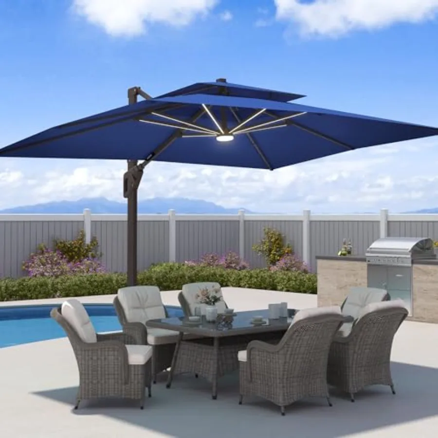 Patio cantilever umbrella for outdoor use, aluminum frame with black fabric, integrated LED lights for evening ambiance