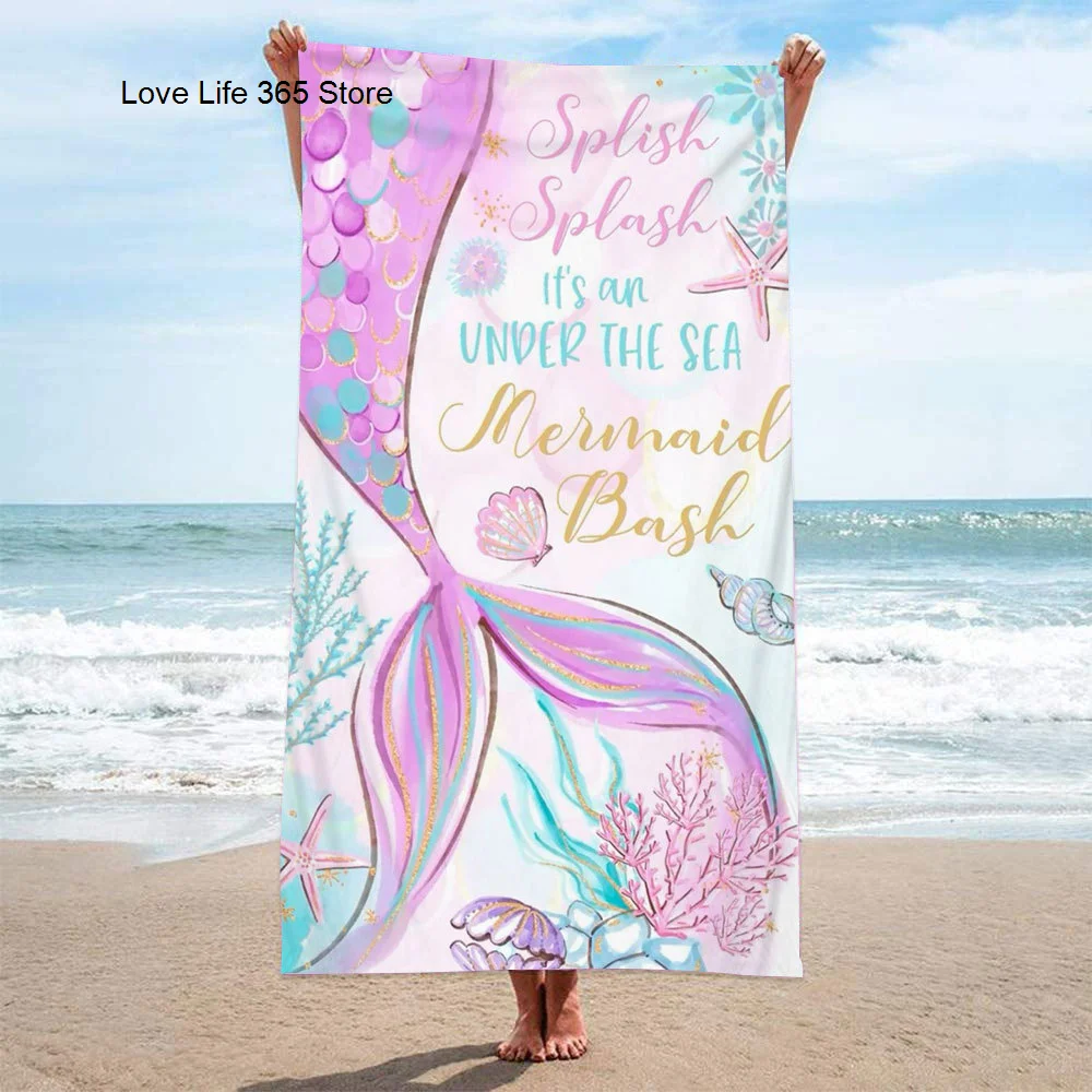 Mermaid Princess Pink Bath Towel 3D Printed Microfiber Soft Water Absorbing Breathable For Girls Decorative Cartoon Beach Towel