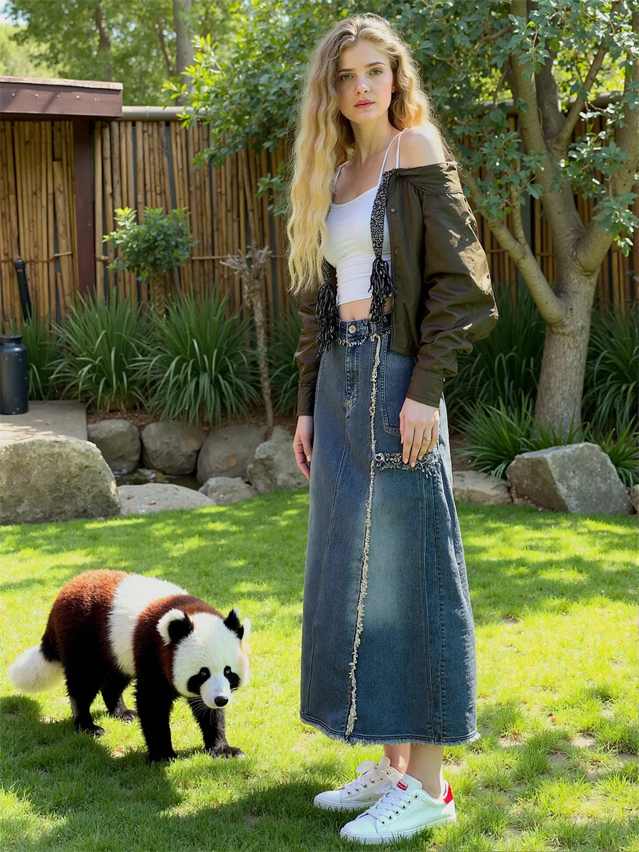 

Ankle length Denim Skirts Womens Splicing Folded Shirring Applique Ruched Skirt Artistic Chic Feminina Modern Unique Elegant