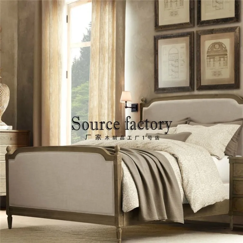 American rural solid wood modern simple double bed retro master bedroom high box storage wedding bed