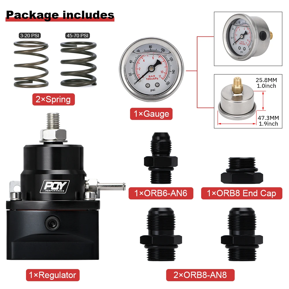 Universal Aluminum Fuel Pressure Regulator AN8 Feed & AN6 Return Line W/ 0-160PSI Gauge Set 3-20 20-45 45-70 Pressure Springs