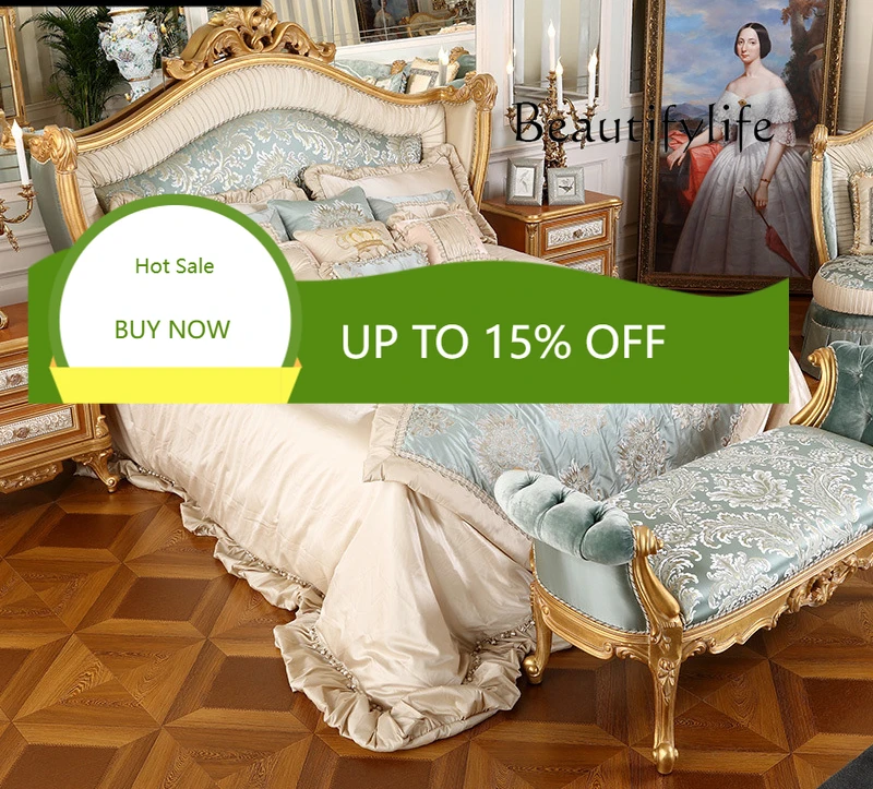 

Европейская мебель для спальни в стиле виллы: роскошная двуспальная кровать из массива дерева с резными цветочными узорами и тканевой обивкой, дизайнерский стиль X