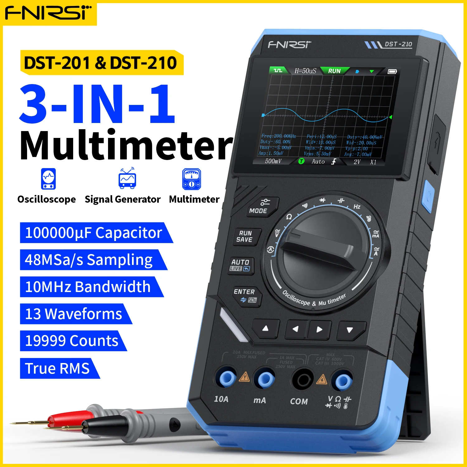 

FNIRSI New DST-210 DST-201 3 in 1 Digital Oscilloscope Multimeter Signal Generator 19999 Counts 10MHz Bandwidth 48Msps R&D
