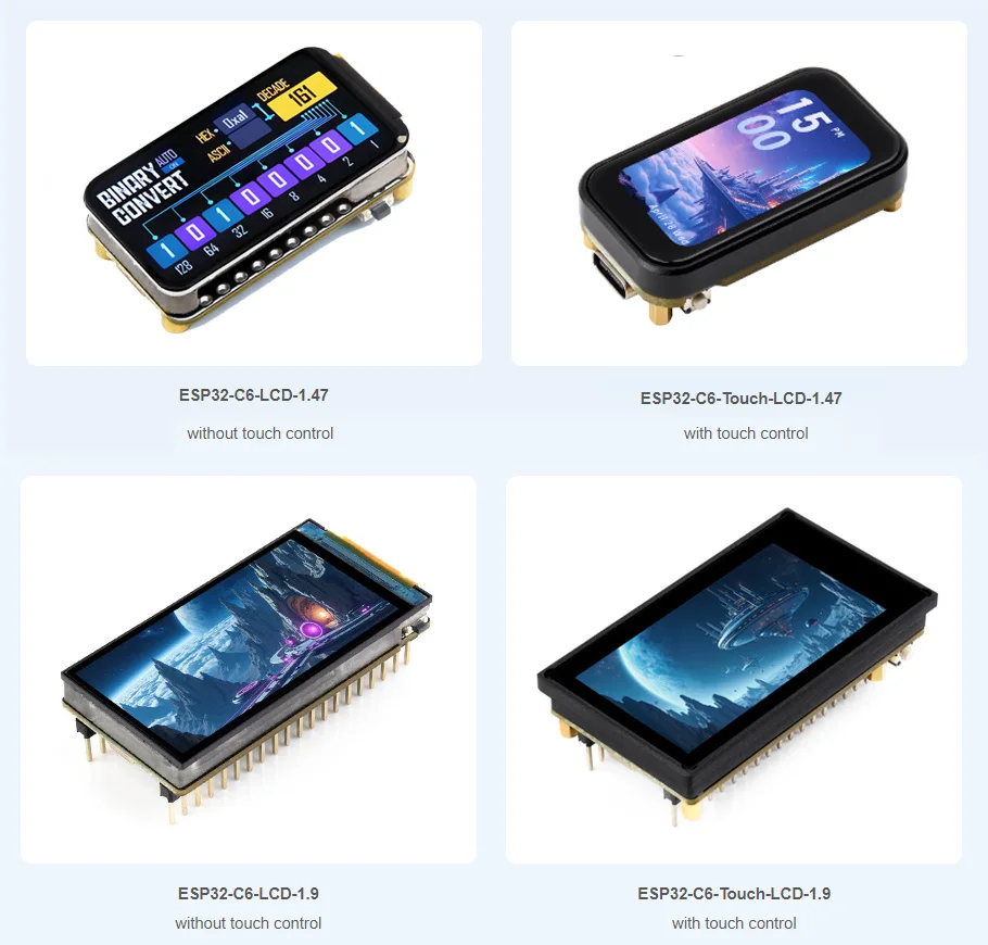 Picture 4: ESP32-C6 1.47inch LCD 172×320 IPS Touch Display Option ESP32-C6 1.9inch Module 262K Color Supports WiFi 6 & Bluetooth
