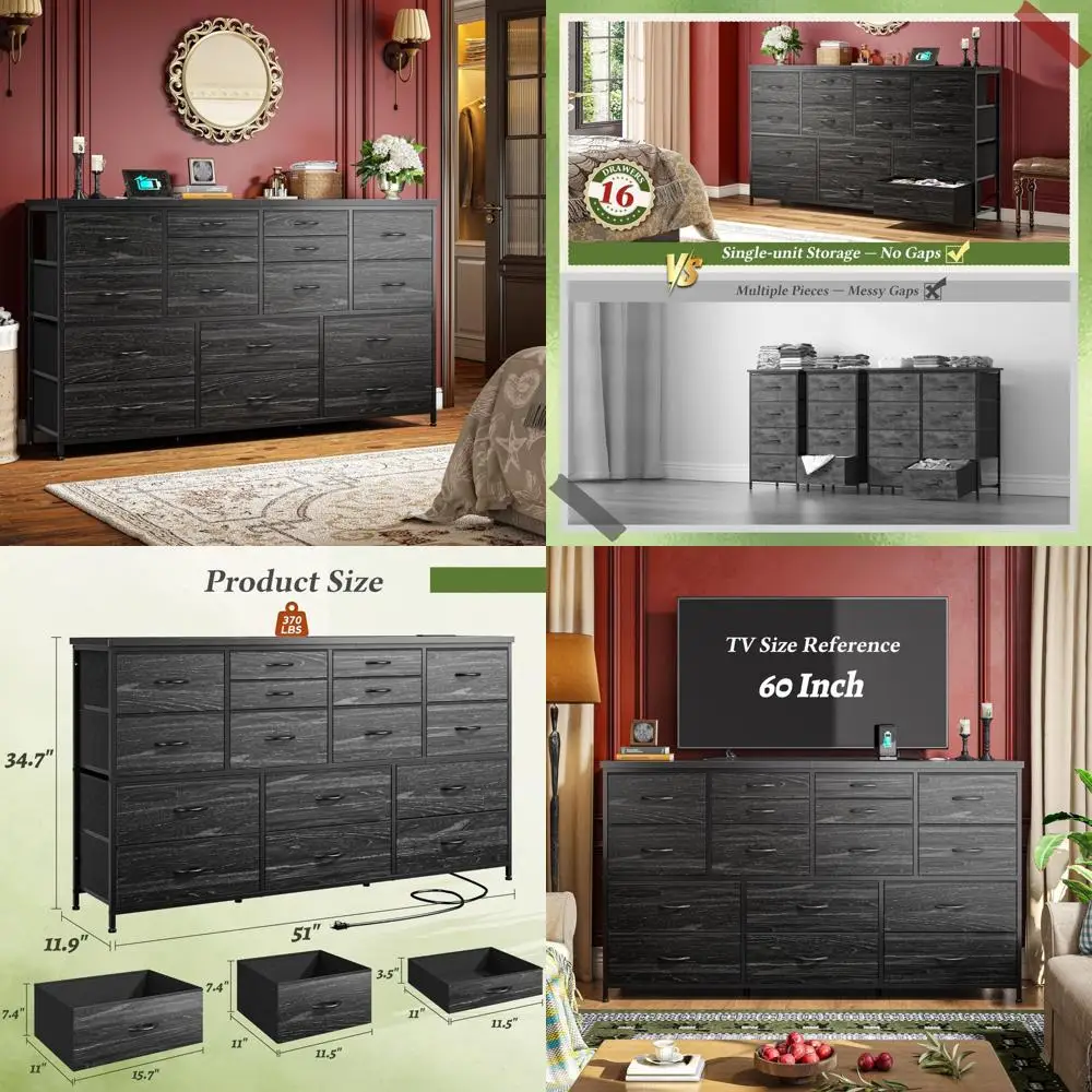 

16-Drawer Bedroom Dresser with Fabric Drawers and Built-In Charging Station for 60-Inch TV