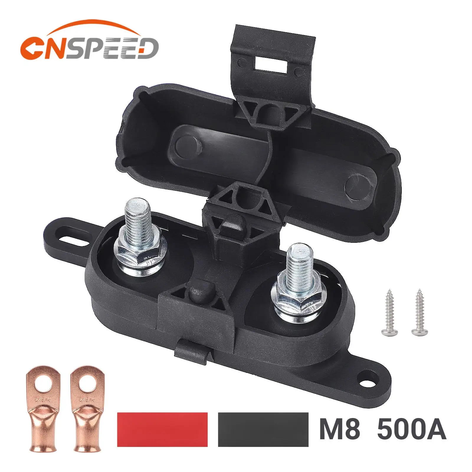 CNSPEED HMEG Fuse Block/Holder Base with Black Cover Plastic M8 For Car RV Boat For 500A 8 to 2 AWG Hight AMG Bolt On Auto Fuses