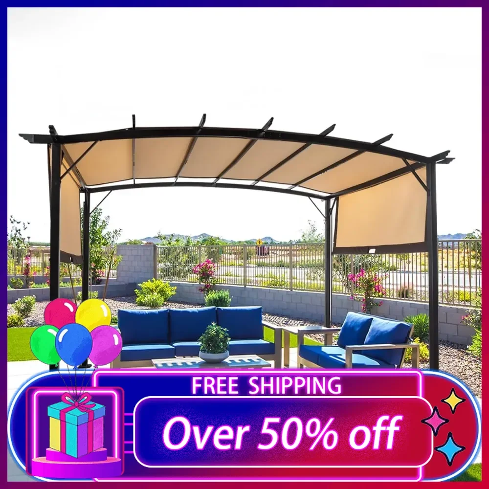 9’ x 12’ Pergola with Adjustable Canopy, Steel Arched Patio Pergola Grape Trellis Pavilion Grill Gazebo for Backyard and Garden