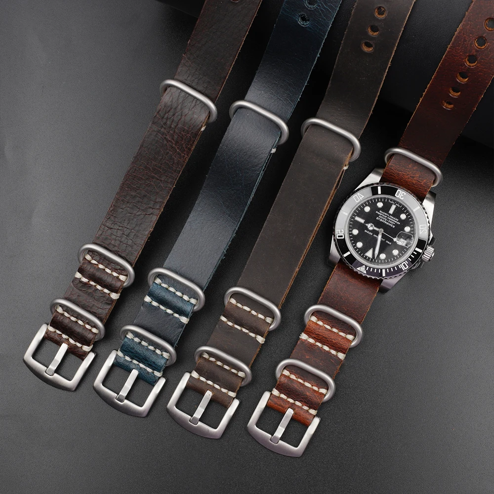 Top Layer Cowhide Retro Handmade Crazy Horse Leather High Quality Watch Band 20mm 22mm 24mm Blue Brown Green Strap