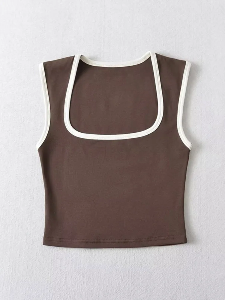 Woman Fashion Slim Solid Contrust Camis Casual Sleeveless Tanks Square Collar Crop Tops Clothing Streetwear Mujer 2024 Y2k image 6