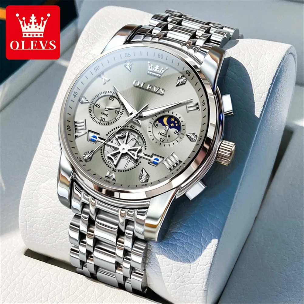 

Мужские часы с хронографом OLEVS, оригинальные кварцевые наручные часы, классические многофункциональные водонепроницаемые часы с маховиком и фазой Луны 2856