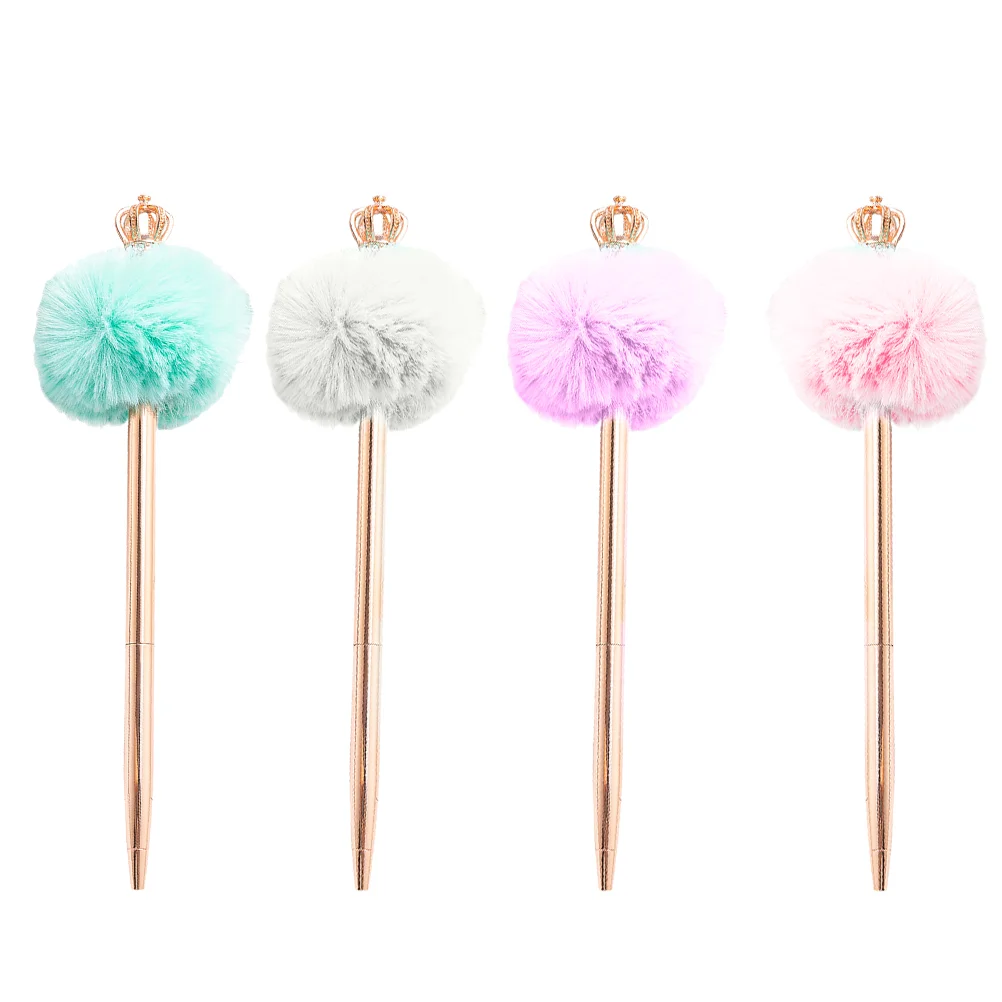 4 Pcs Crown Hair Ball Pen Ballpoint Decor Student Stationery Sign Pompom Plush Adorable Pens Use