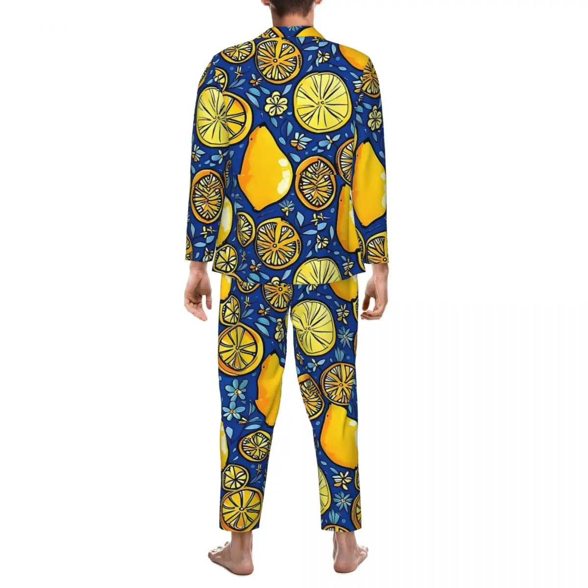 Lemon And Floral Sleepwear Autumn Fruit Print Casual Oversize Pajama Set Male Long Sleeve Trendy Night Design Home Suit