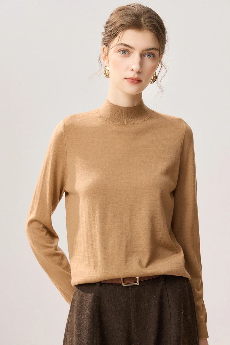 Solid Color Mock-Neck Pullover Woman 100% Merino Wool Autumn Winter Sweater Long Sleeve Cashmere Knitwear Plain Texture Clothing