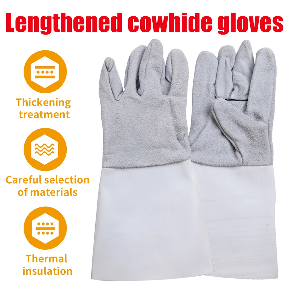 1 Pair Lengthened Thermal Insulation Cowhide Gloves For Welding Barbecue Garden Work Breathable Sweat-absorbent Cotton Gloves