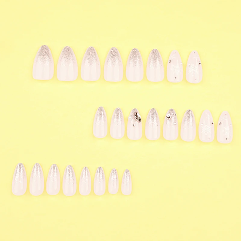 24Pcs French Glitter Christmas Press on Nail Snowflake Glitter Diamond Nude Color False Nails for Women&Girl Removable Nail