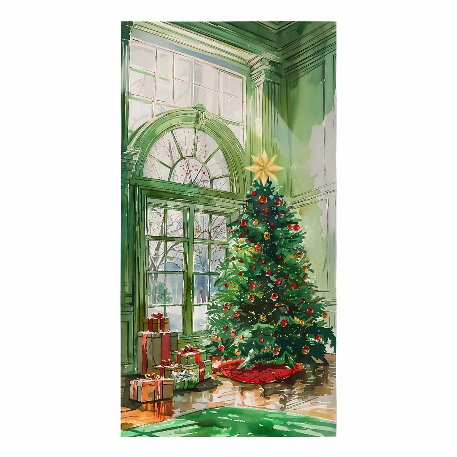 Christmas Tree Watercolor Lantern Gift Window View Hand Towel Kitchen Dishcloth Water Absorption Household Cleaning Cloth