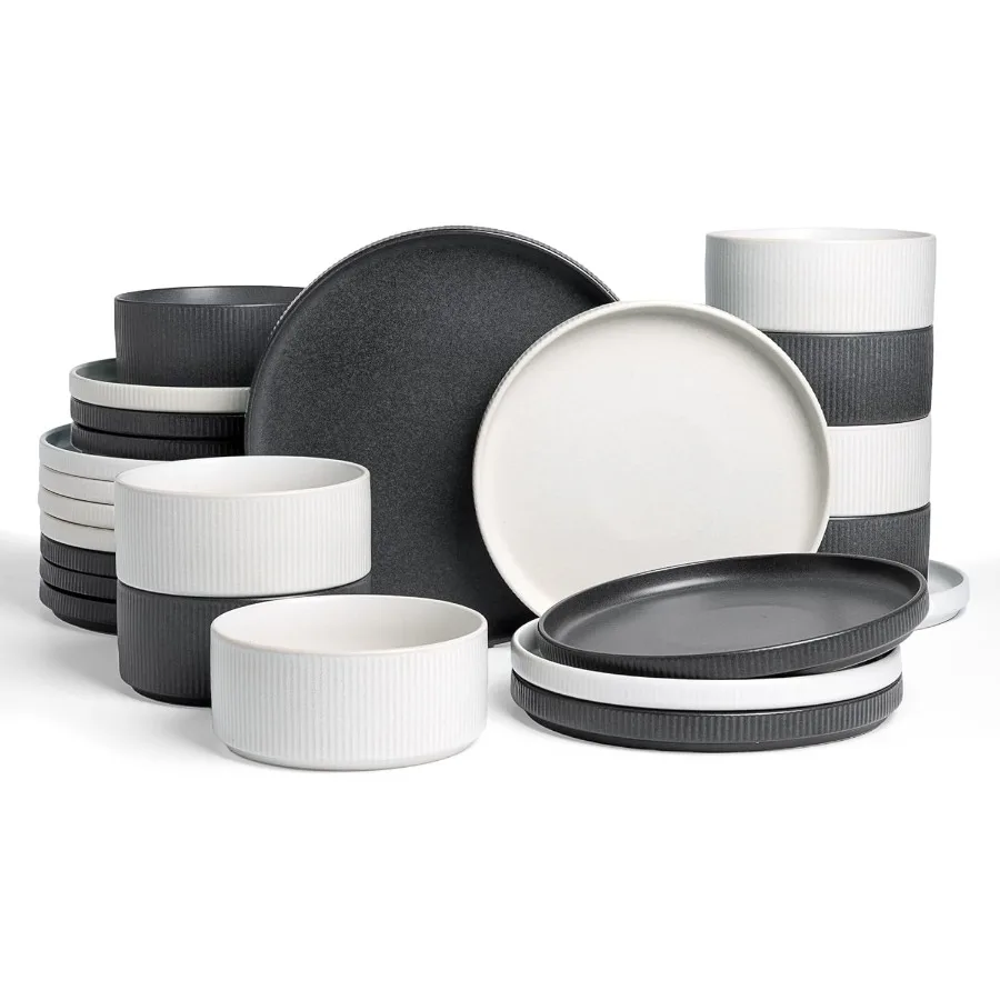 

Star Dinnerware Set Plates and Bowls Sets for 8 24pcs Ribbed Stoneware Dishes Chip Scratch Resistant Microwave Dishwasher Safe