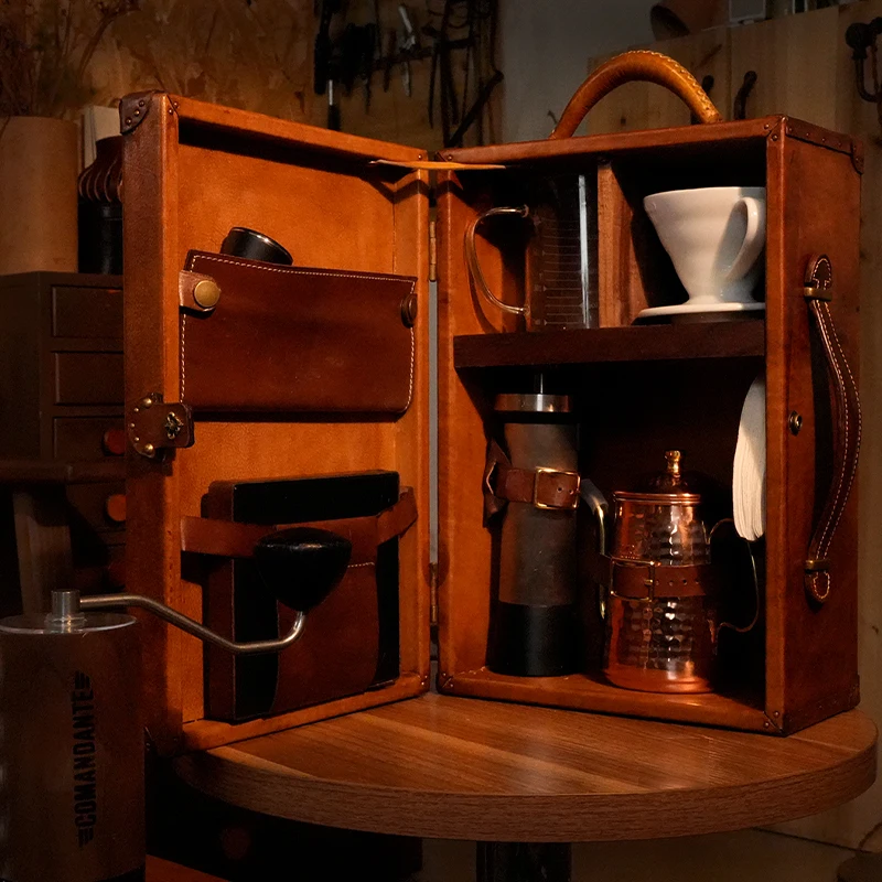 

Hand brewed coffee pot portable travel outdoor camping storage display portable creative custom cowhide leather case