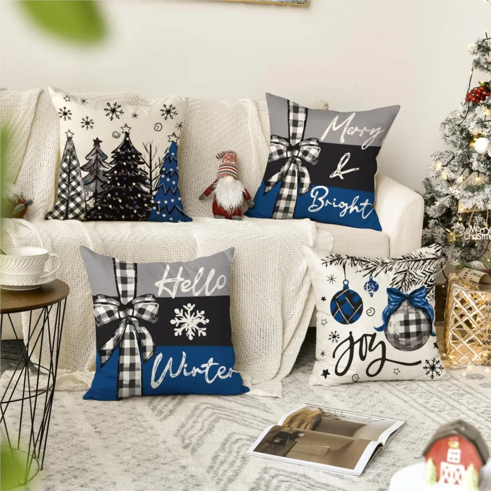 1Pc Christmas Throw Pillow,Christmas Tree Snowman Snowflake Pattern - Double-Sided Printed Design,Soft Plush Cushion with Insert