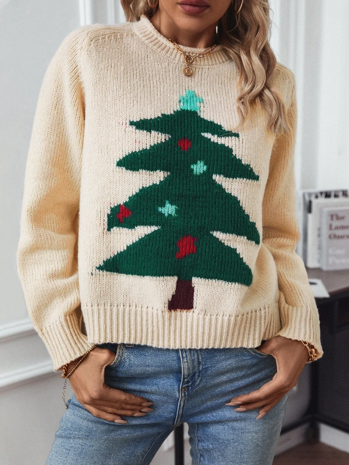 

Christmas Tree Pullover Women's Sweater Autumn and Winter Round Neck Loose Knit Sweater for Christmas