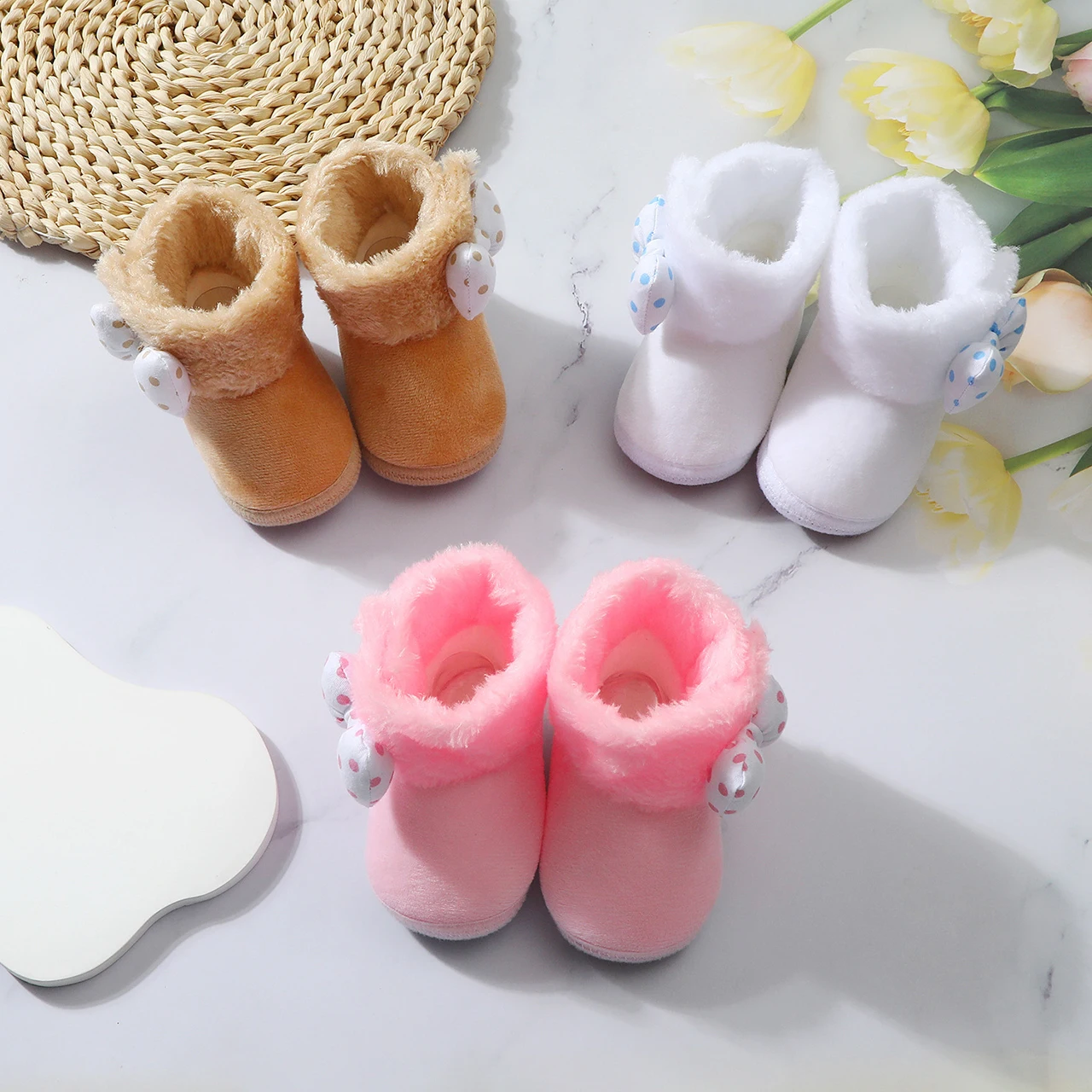 Winter Baby High Top Snow Boots 0-1Year Infant Plush Shoes Thicken Warm Anti-skid Soled Newborn First Walkers Kids Flip Flops