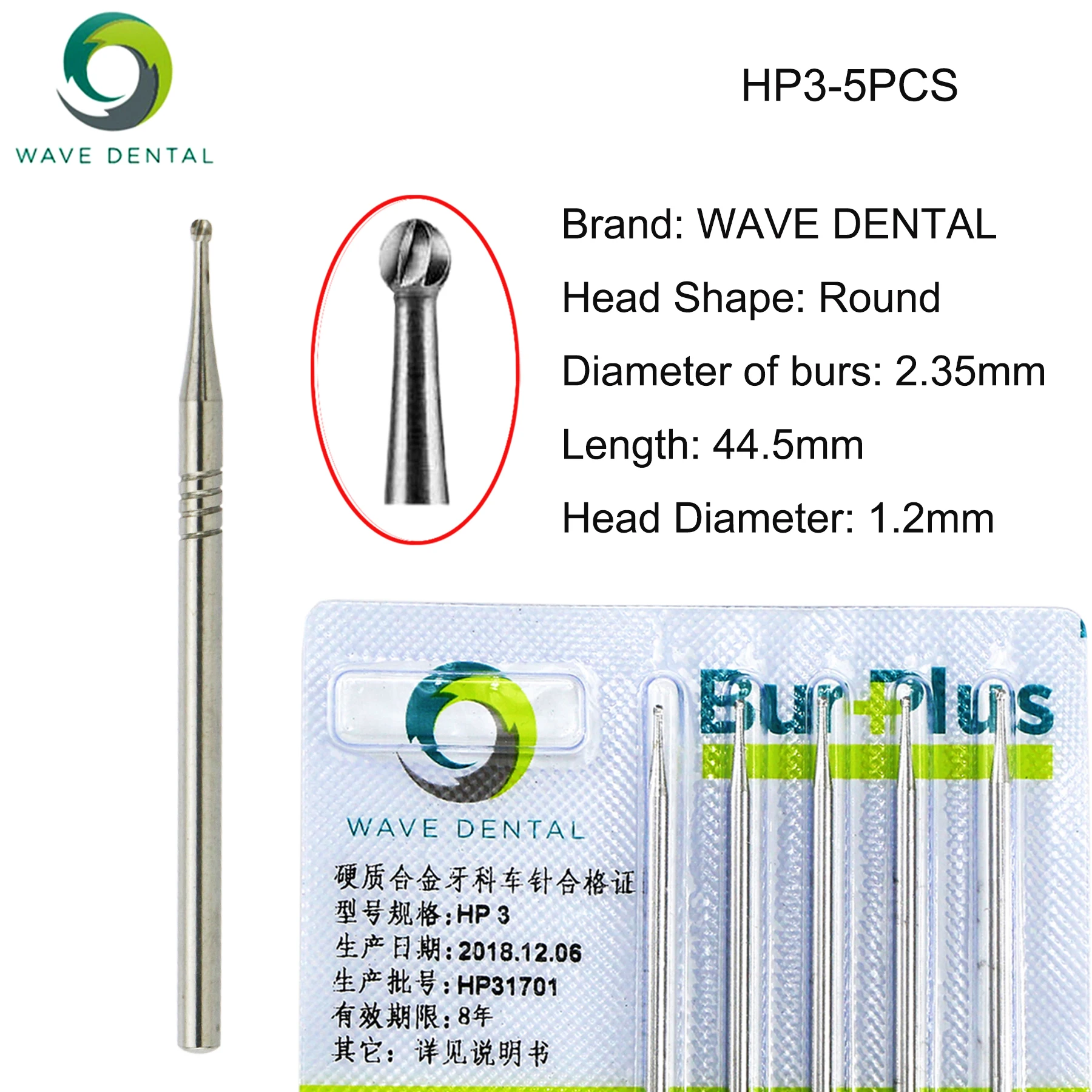 

5PCS HP3Wave Dental Round Burs Length 44.5mm Long Straight Bur Low Speed