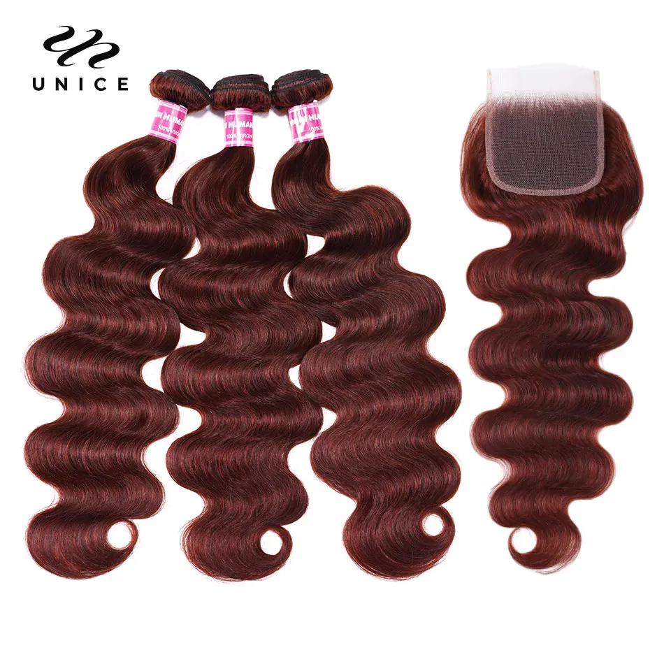 UNice Reddish Brown Body Wave Human Hair Bundles With Closure 100% Human Hair 3/4 Bundles with 4x4 Lace Closure Do 250% Lace Wig