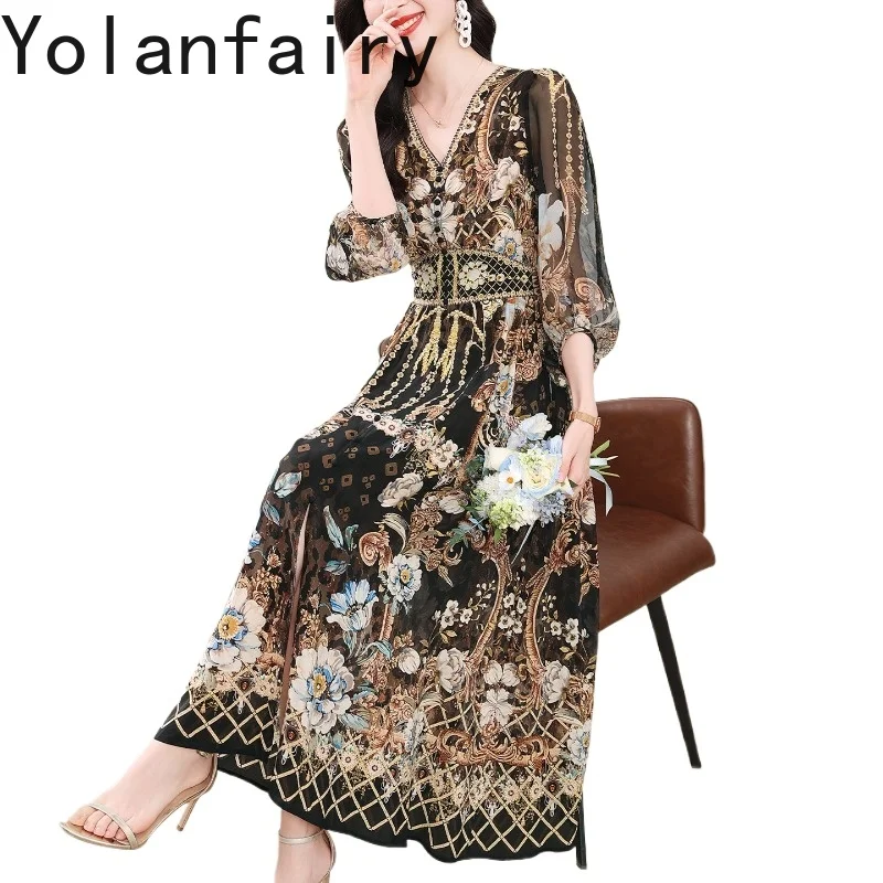 

YOLANFAIRY Luxury 100% Natural Mulberry Silk Dress for Women 2026 Summer Vintage Printed Dress Woman High-end Birthday Dress
