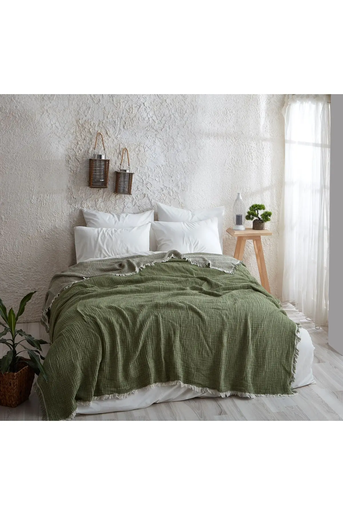 Green 4 Layer Muslin 100% Cotton Double Sided Bedspread - Pike 220x240